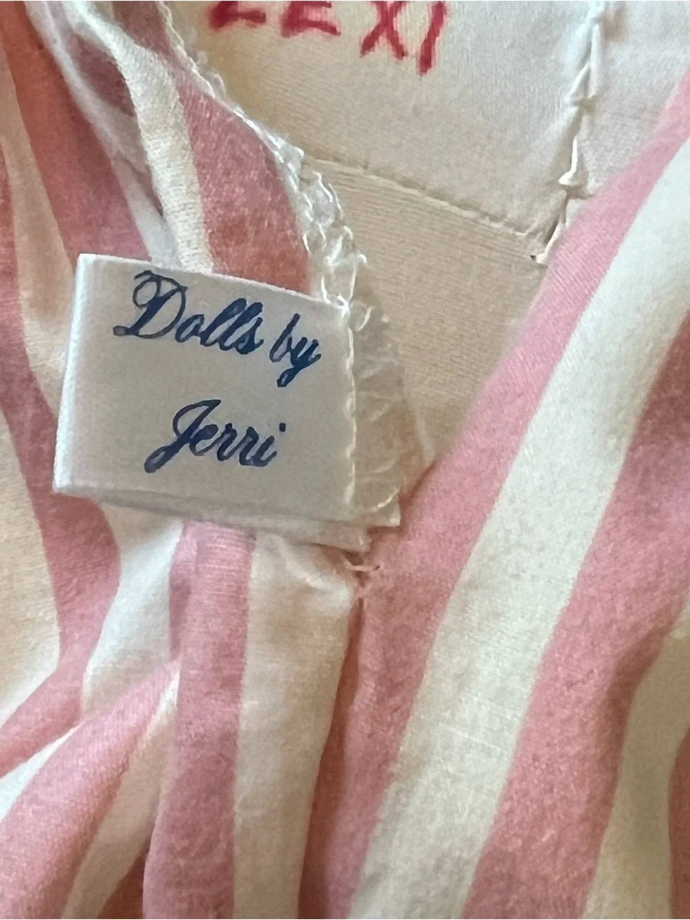 Dolls by Jerri 1990 Baby Doll in Pink & White Striped Lace Dress 20”